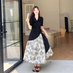 新中式不规则小众碎花拼接黑色连衣裙女夏季303-Q6836-P115-K168，女装连衣裙，宁宁家