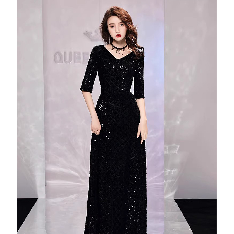 黑色晚礼服裙女轻奢小众高端亮片气质宴会艺考主持人高级感演出服