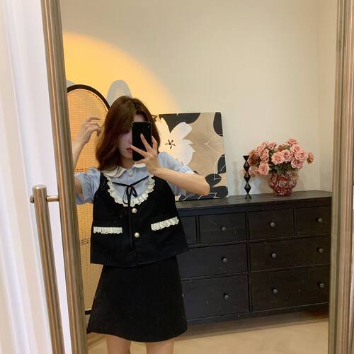 法式复古设计感花边拼接日常通勤短袖上衣短裙套装女夏季新款