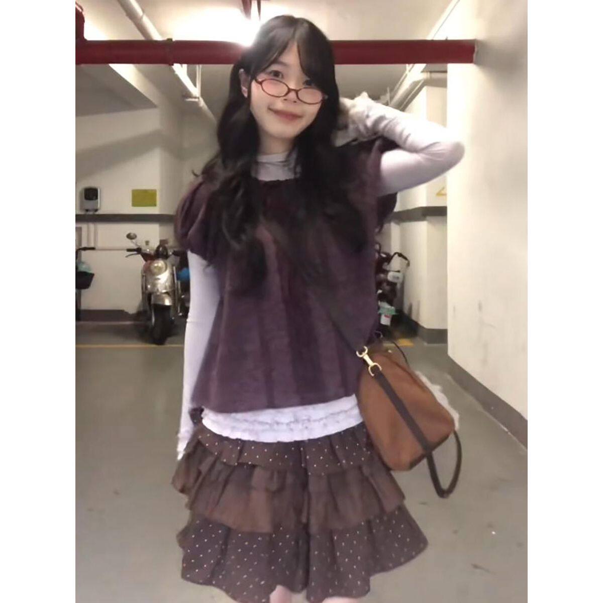 日系vintage古早森系葡萄紫花边打底衫+短袖上衣+蛋糕半裙三件套