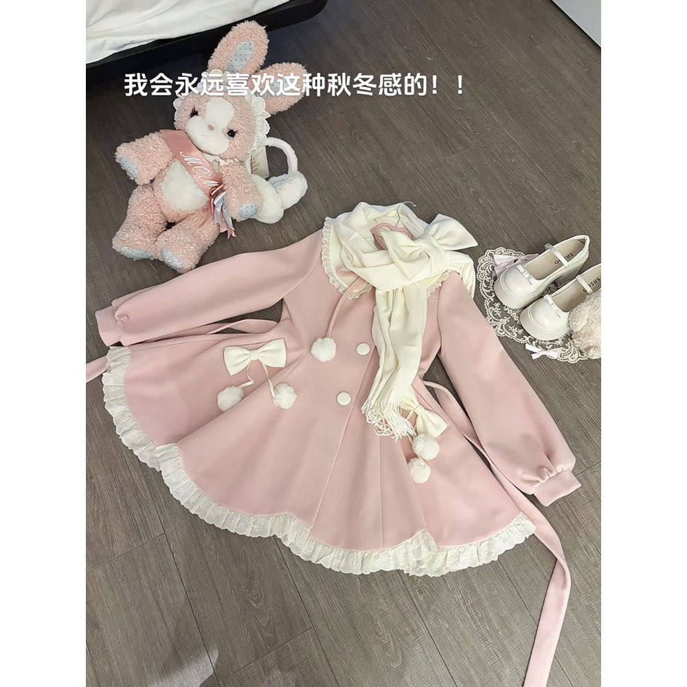 秋冬甜美风小个子围巾花边娃娃领毛球系带毛呢外套秋冬新款女