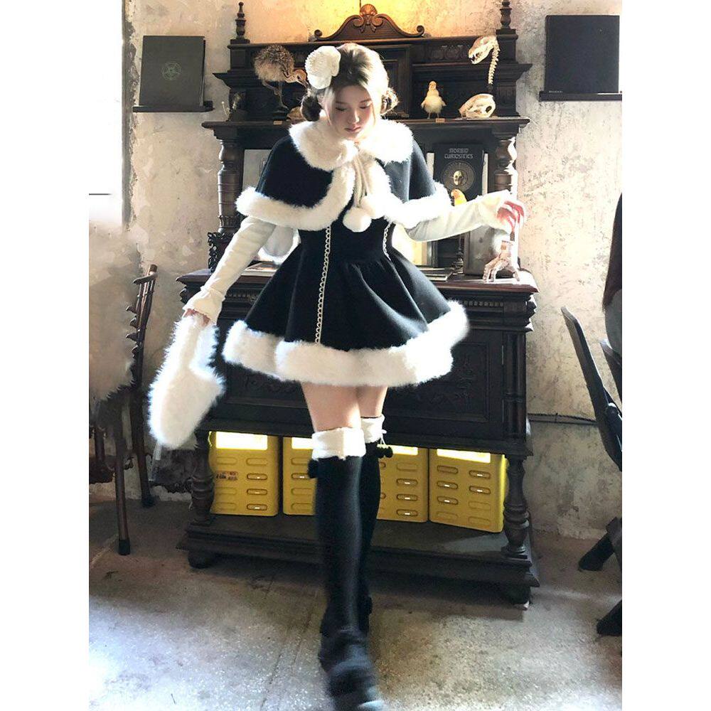 毛茸茸斗篷呢子套装裙女秋冬新款加厚毛绒拼接圣诞裙子三件套