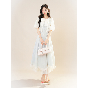 【初夏海棠】夏季新款甜美清新蕾丝蝴蝶结浅蓝色连衣裙女