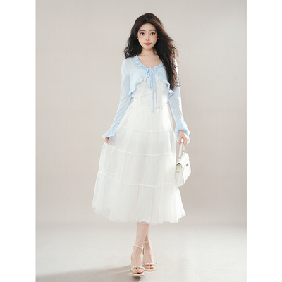 早春新款温柔气质长款吊带连衣裙长袖开衫两件套装小个子穿搭