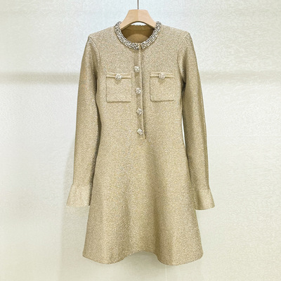 现货早春26朱珠贵气奢华聚会小香风喇叭袖镶钻棉羊毛针织连衣裙