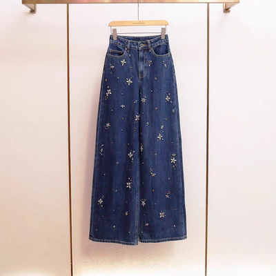 现货sp家秋季新款休闲风重工镶钻花朵a字高腰水洗蓝阔腿牛仔裤女