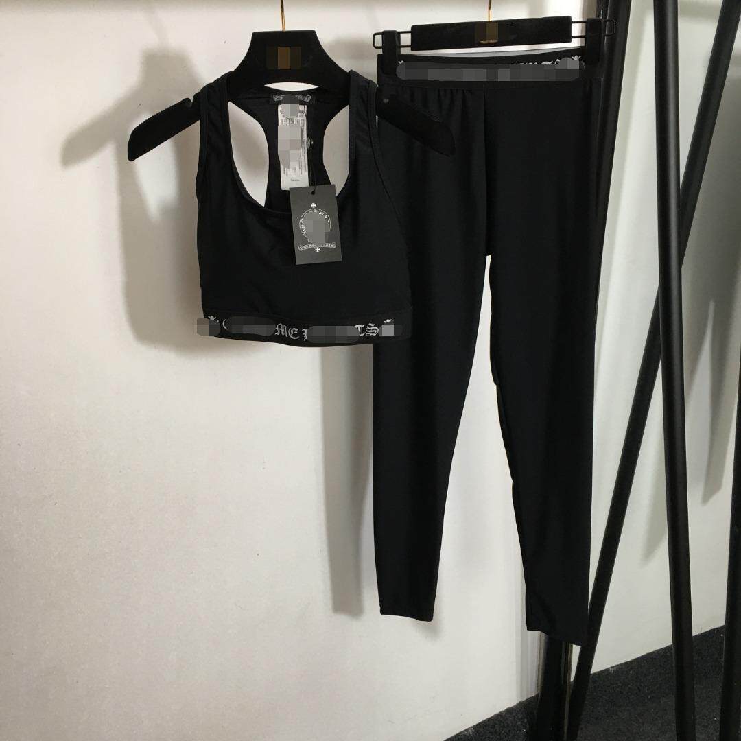 现货夏季南油新款瑜伽运动套装织带收腰背心+弹力修身健美打底裤