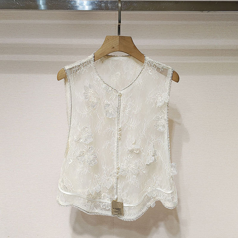 现货南油高端中式夏女装圆领刺绣立体蝴蝶结花轻透视无袖背心马甲
