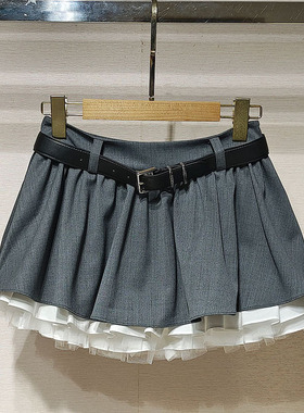 现货南油高端秋季新款XRJ4Q16D千金风腰带下摆蕾丝花边接接短半裙