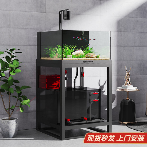 家用客厅阳台入户玄关屏风底滤带底柜子一体落地立式小型生态鱼缸