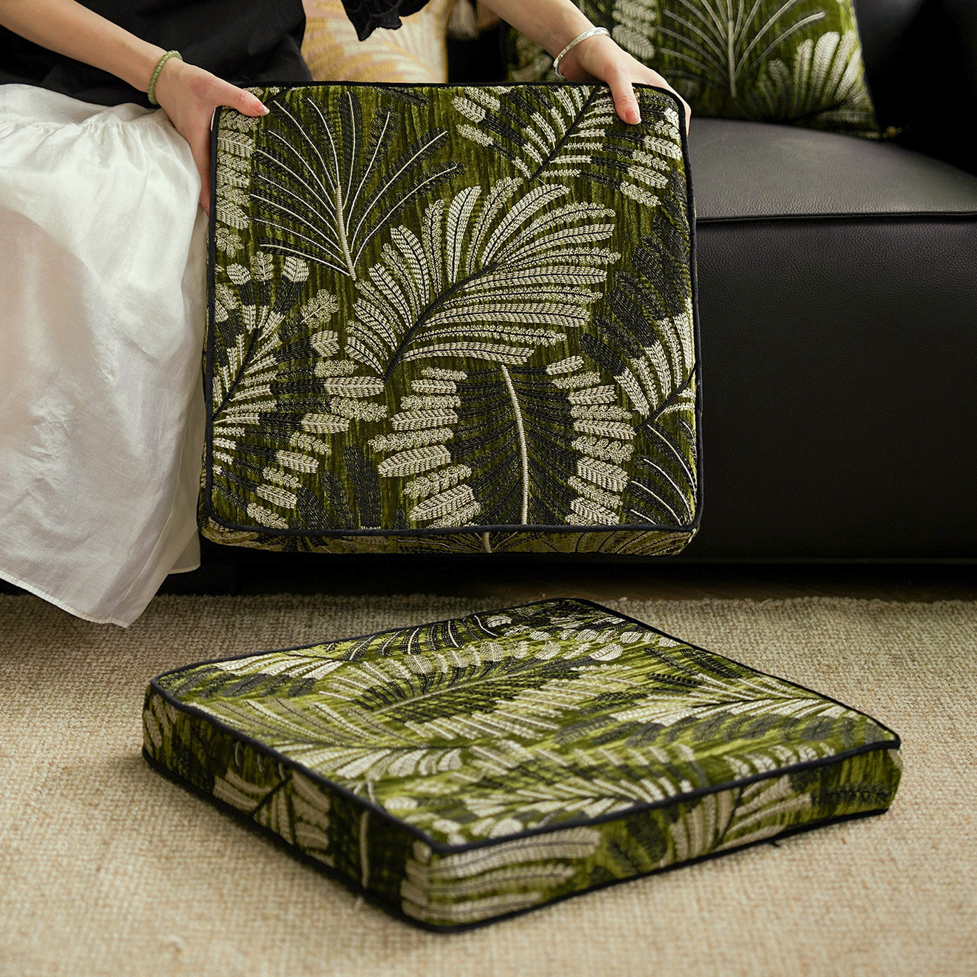 绿底奢金树叶刺绣蒲团客厅高档坐地上坐垫榻榻米看书椅垫可拆洗,居家布艺,蒲团,淘宝优惠券,粉丝福利购,淘宝优惠卷