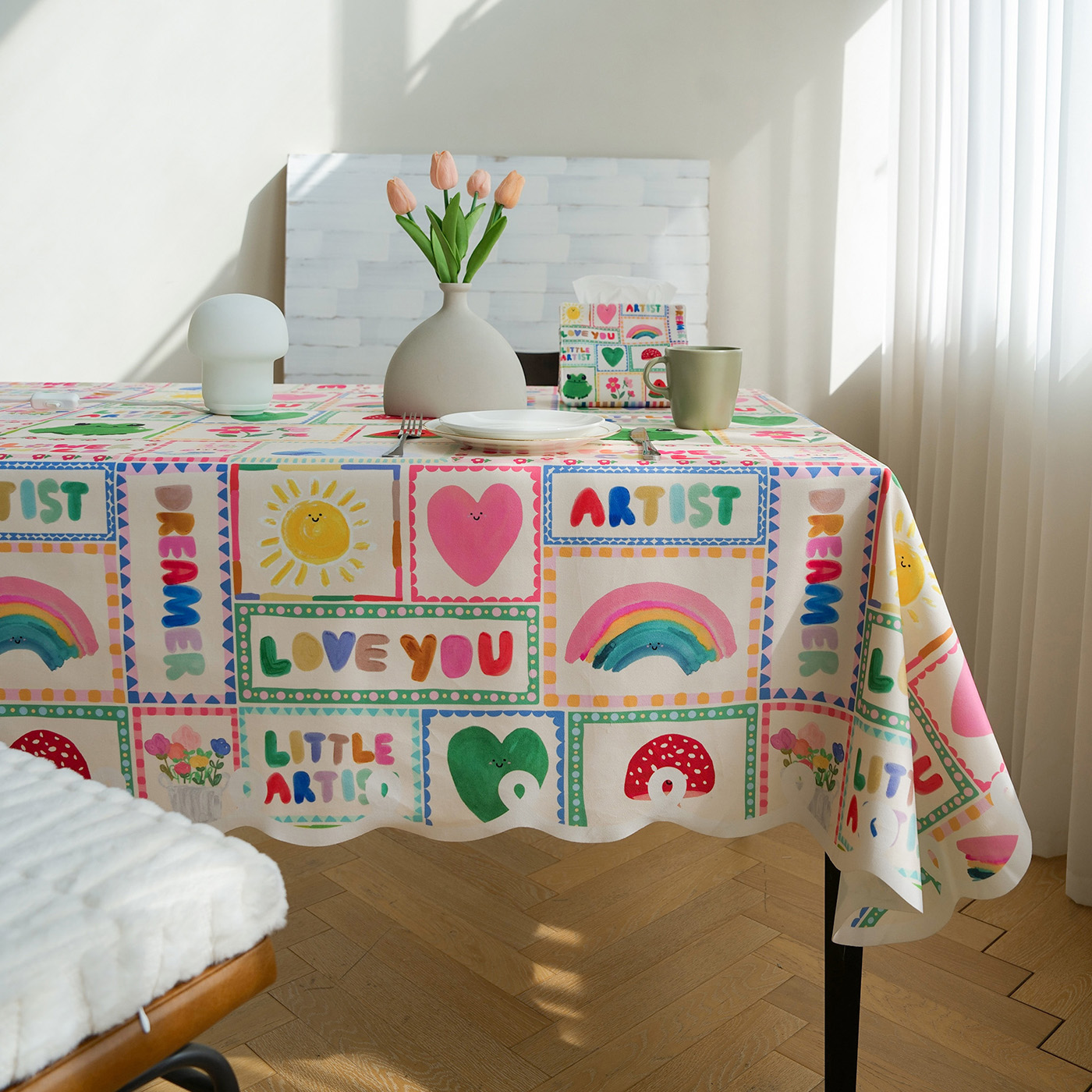 彩绘拼图绒布餐桌布轻奢高级感免洗防油防水桌面保护垫装饰家用