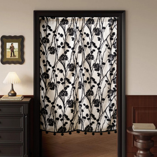 黑白枝叶扶苏异形门帘家用防尘半帘卧室遮丑布隔断帘子免打孔窗帘