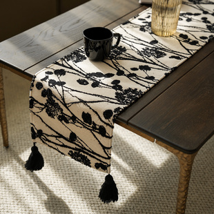 黑白枝叶扶苏桌旗布艺流苏长条形电视柜桌布防尘防水鞋柜盖巾盖布