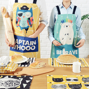 可爱卡通棉麻围裙男女韩版时尚厨房围腰咖啡奶茶店烘培工作服罩衣