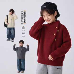 男女童新款针织衫韩版纽扣半高领套头冬季加厚童装宽松潮流毛衣