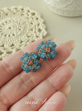 韩国进口复古蓝色珠串花朵耳钉女款小众设计感气质耳环水钻耳饰女
