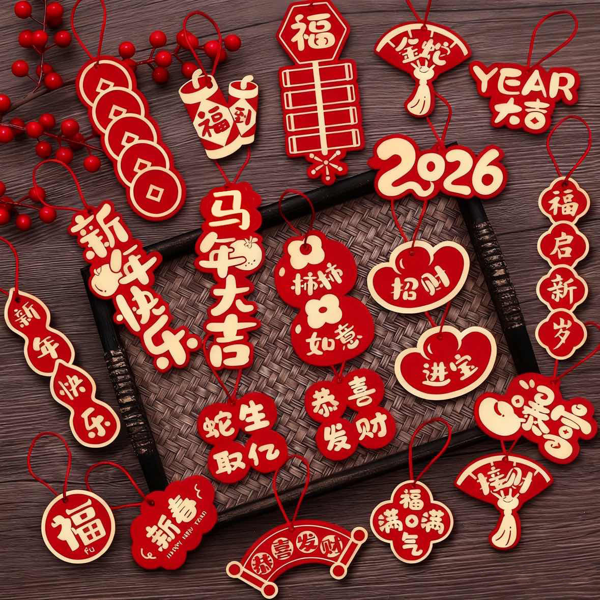 2026新年祝福吊卡福桶银柳年宵花束挂饰马年福字发财树盆景小挂件