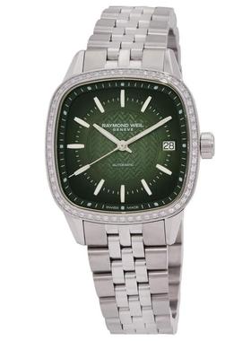 代购Raymond weil雷蒙威女士腕表日期夜光自动防水钢带镶钻绿盘