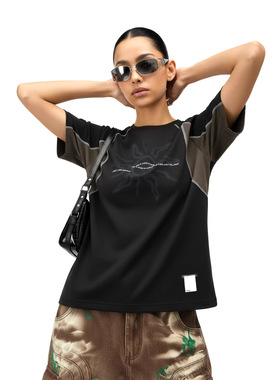 230G图腾撞色线印花短袖26春夏新款街头拼接宽松运动T恤