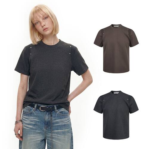 抗皱立挺拼接剪裁纯色正肩基础小众短袖T恤打底上衣