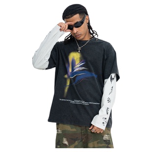 高街复古洗水做旧印花假两件t恤长袖oversize宽松上衣潮