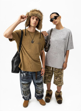 扎染割烂反光印花T恤2026年春夏季新款潮牌宽松短袖上衣