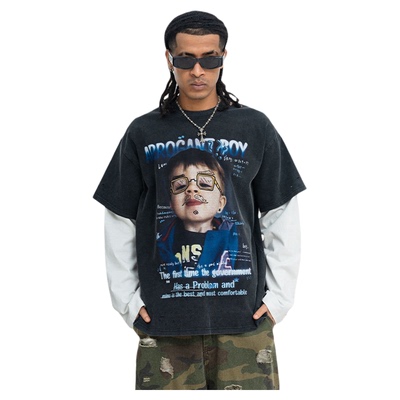 美潮街头嘻哈洗水做旧人像恶搞印花拼接长袖T春秋高街潮流