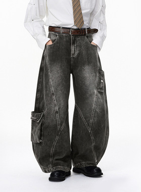 不规则剪裁洗水牛仔裤25秋季新品美式多口袋弯刀休闲裤