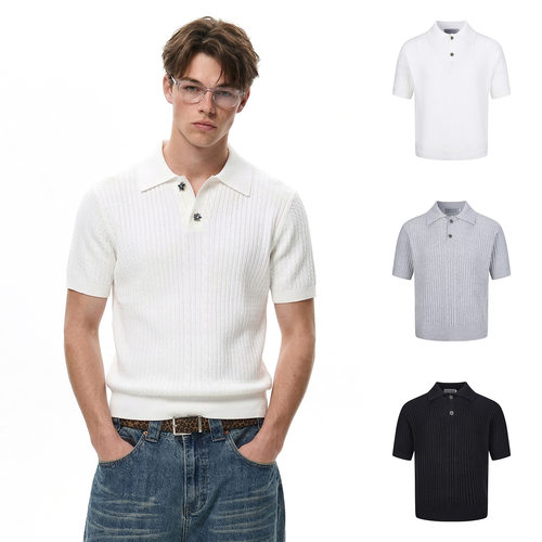 夏季浮雕亨利领短袖T恤复古老钱风Cleanfit翻领上衣男