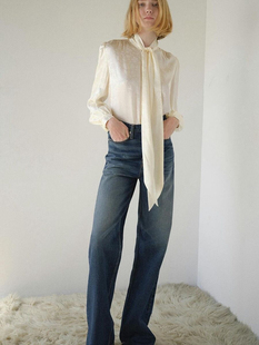 小猫儿美国代购直邮Frame白色桑蚕丝花纹蝴蝶结飘带系带长袖衬衫