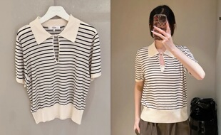 小猫儿美代直邮Frame经典条纹短袖针织衫气质翻领修身小衫polo衫