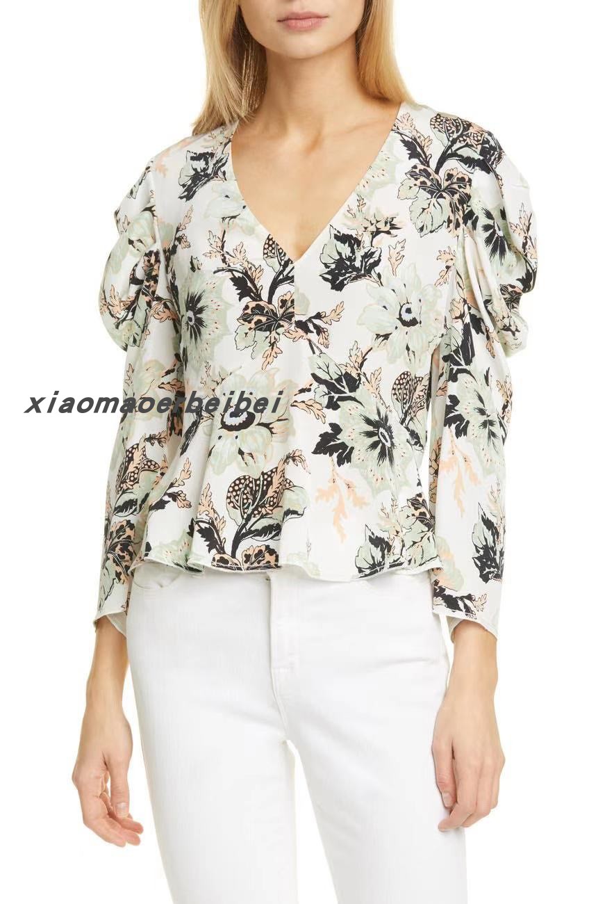 小猫儿美国代购 DVF真丝桑蚕印花气质v领印花碎花衬衣衫女士上衣