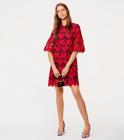 美国代购 tory burch 红色重工花朵蕾丝连衣裙 498美金
