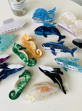 创意海洋醋酸抓夹小众设计动物小丑鱼海马鲨鱼夹小龙虾贝壳马尾夹