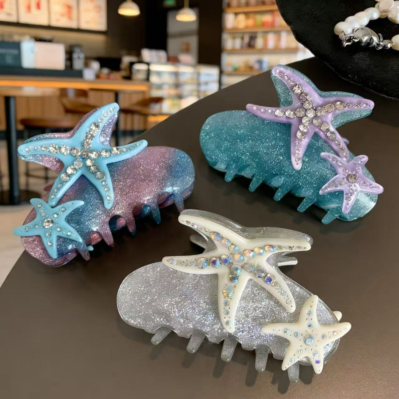 新款海星点钻亚克力抓夹闪亮清新高级感发夹海洋轻奢中号鲨鱼夹女