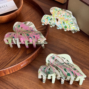 百搭设计感树叶发夹复古镶钻醋酸抓夹高级感镂空发卡高马尾鲨鱼夹