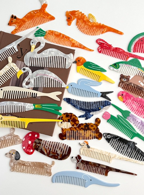 新款创意郁金香花朵梳子小狗动物蔬菜醋酸化妆趣味梳便携美发梳子