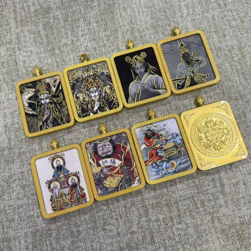 描金半手绘杨戬唐卡吊坠哪吒人工描金卡钟鹤童子唐卡钟馗挂件送绳