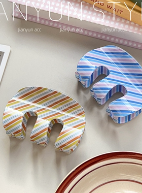 韩版新款蓝色条纹系列PVC抓夹复古气M形后脑勺盘发鲨鱼夹头饰女