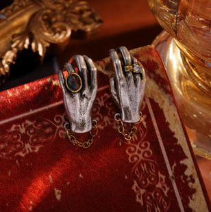 中古风歌剧院之手欧珀石不对称耳钉复古气质耳环时尚耳饰品耳坠款