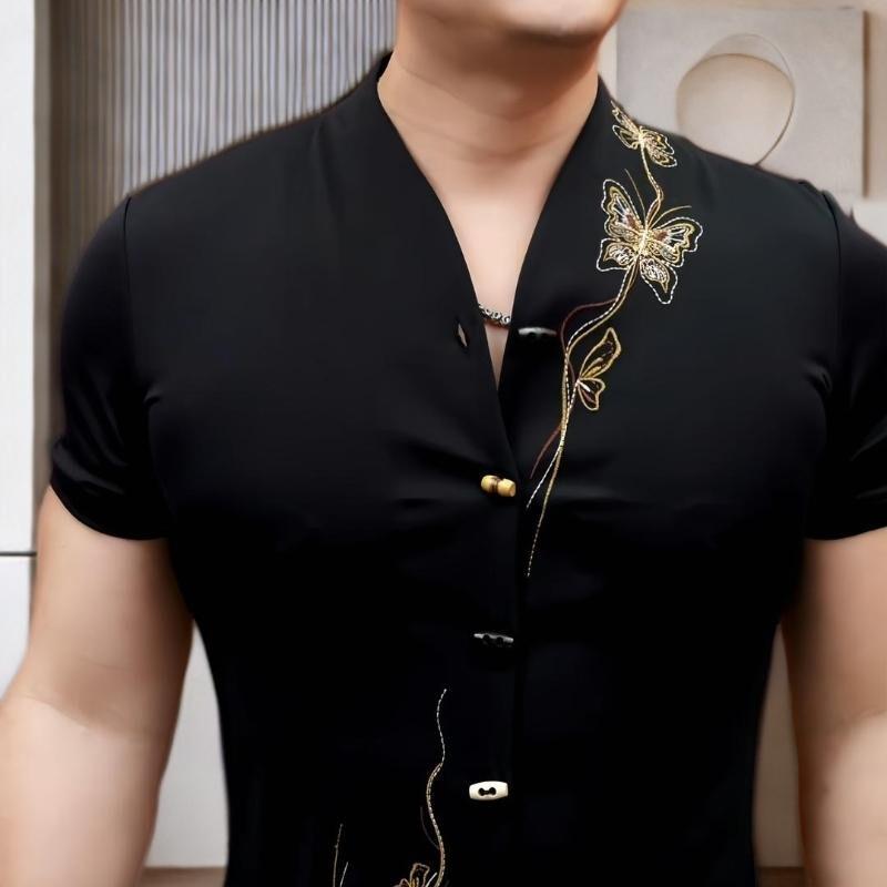 【轻奢欧货】金蝶黑衫夏薄款男刺绣V领半袖外套休闲百搭透气轻奢