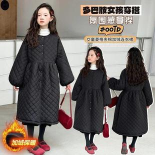 豆丁之家童装女童冬季长款加绒加厚棉衣连衣裙r中p大童赫本过膝棉