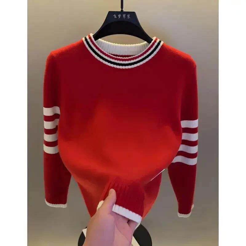 谷城精选馆新年红色毛衣圆领条纹针织衫毛衣本命年打底衫男装