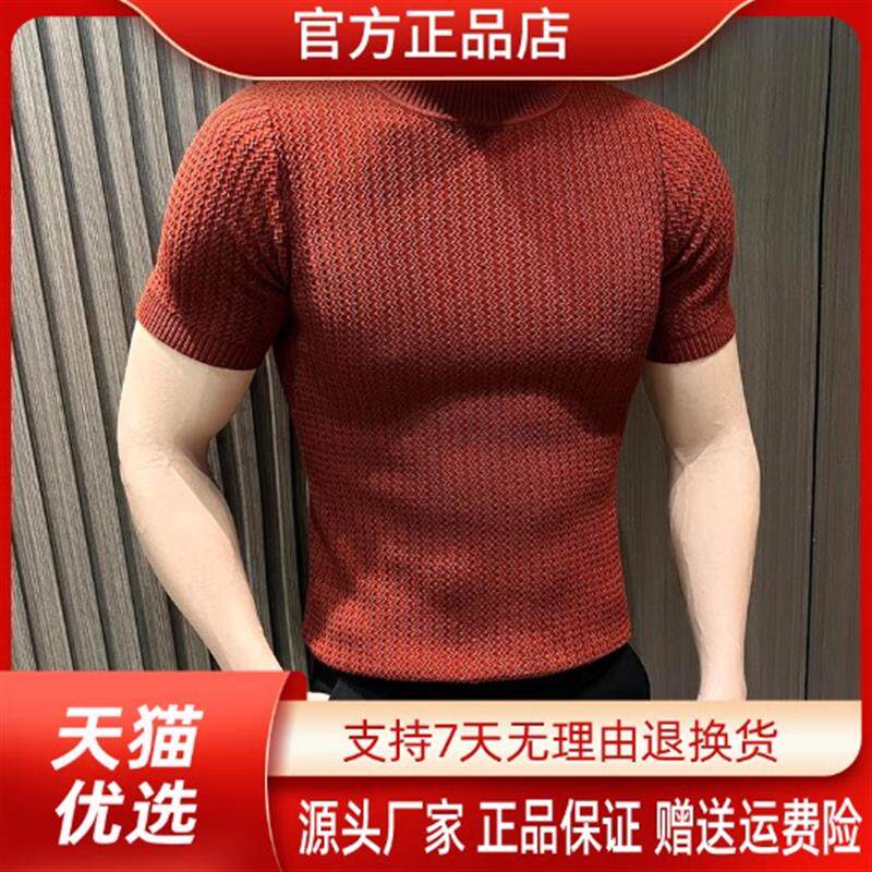 罗尼威欧货品质半高领男短袖t恤新款男装毛衣条纹针织男款打底衫
