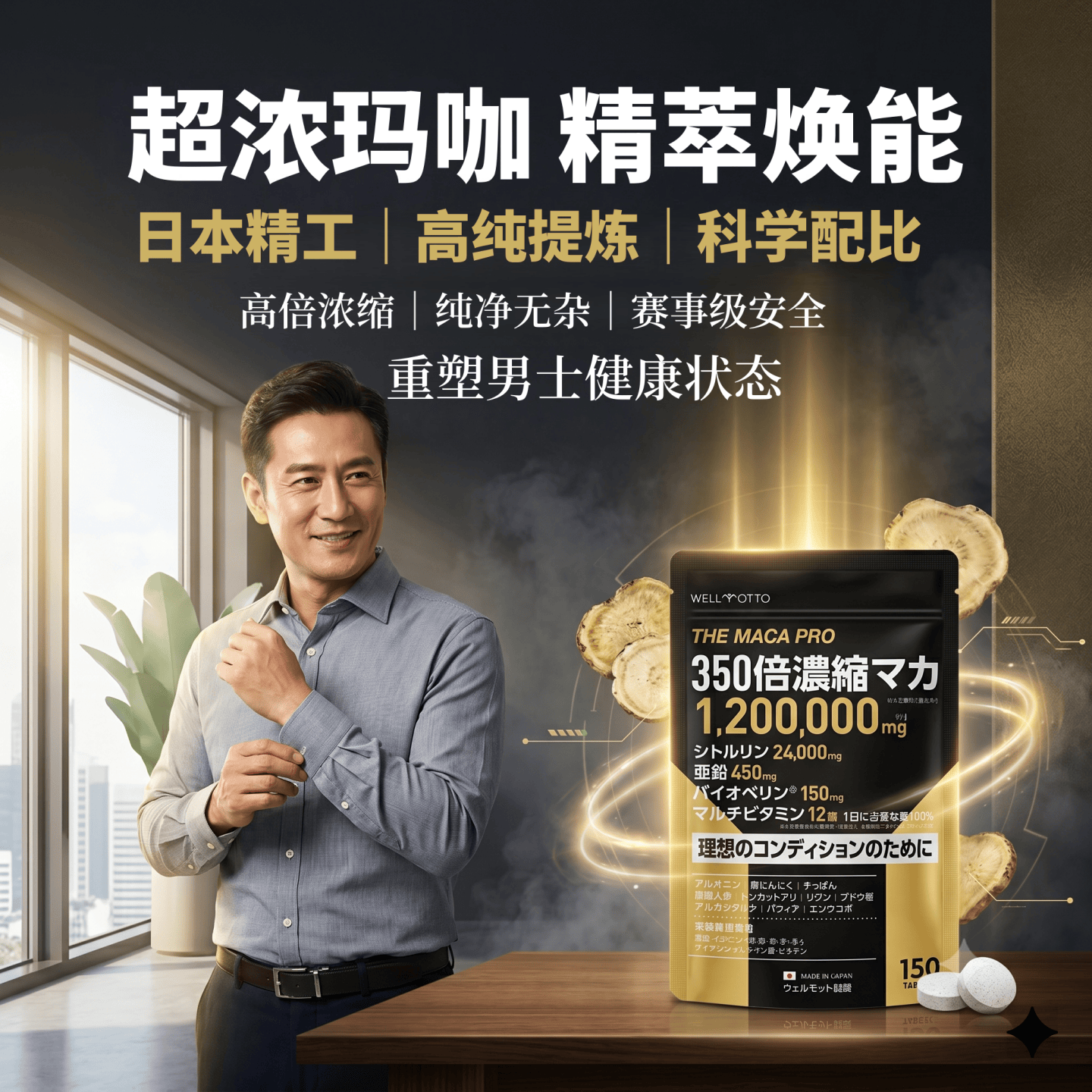 日本代购WELLMOTTO350倍浓缩玛卡精片玛伽精氨酸瓜氨酸锌男士营养