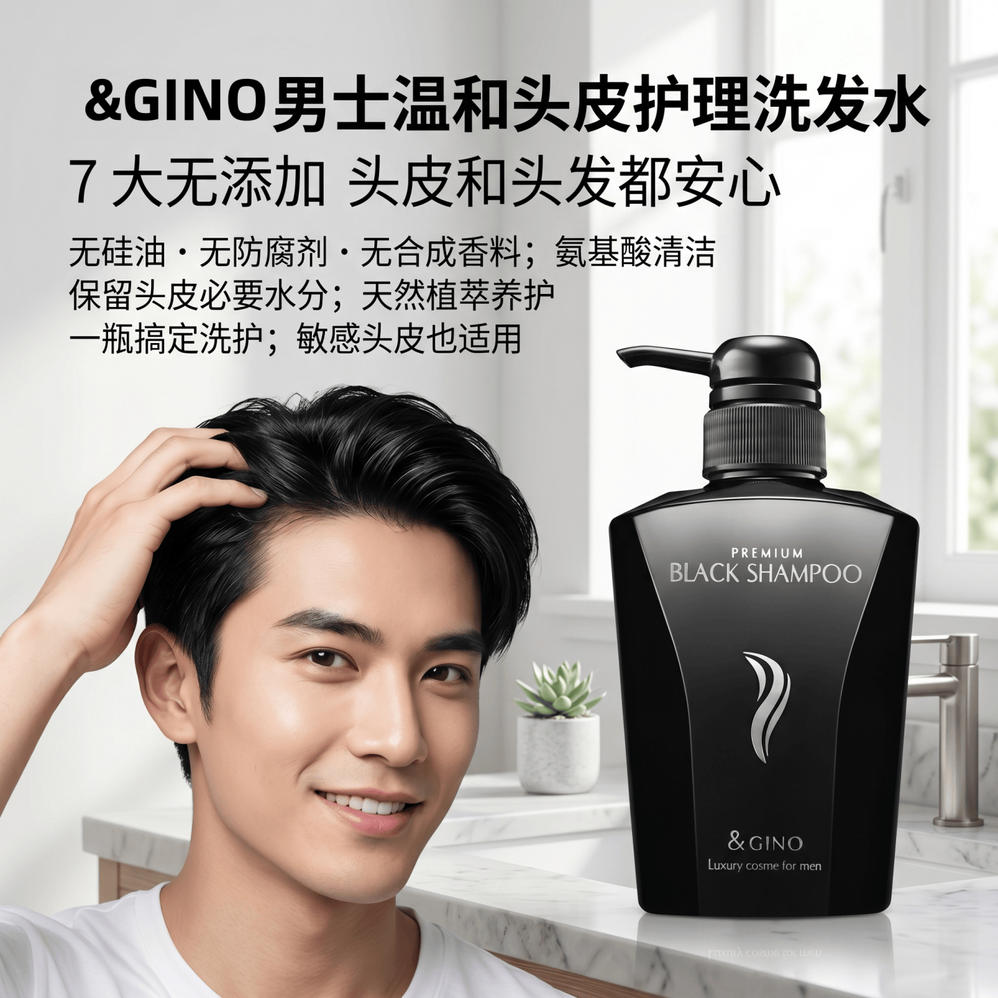 日本代购&GINO男士黑钻洗发液水 氨基酸无硅油植萃养护洗护发合一