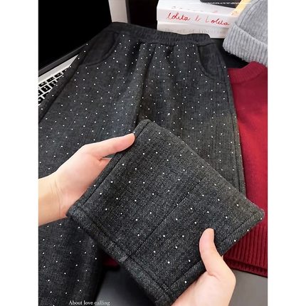 女童加绒阔腿裤秋冬2024新款儿童烫钻裤子韩版女孩加厚弯刀裤洋气