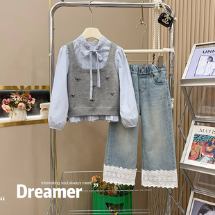 女童春秋款套装2025新款儿童时髦洋气女中大童春装衬衫马甲三件套