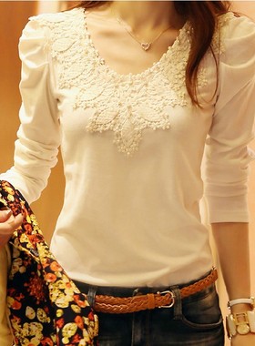 春秋装新款女装大码蕾丝钉珠女士小衫长袖体t恤打底衫上衣打ing潮